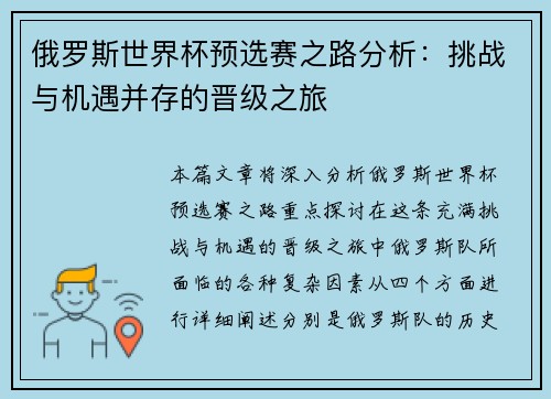 俄罗斯世界杯预选赛之路分析:挑战与机遇并存的晋级之旅